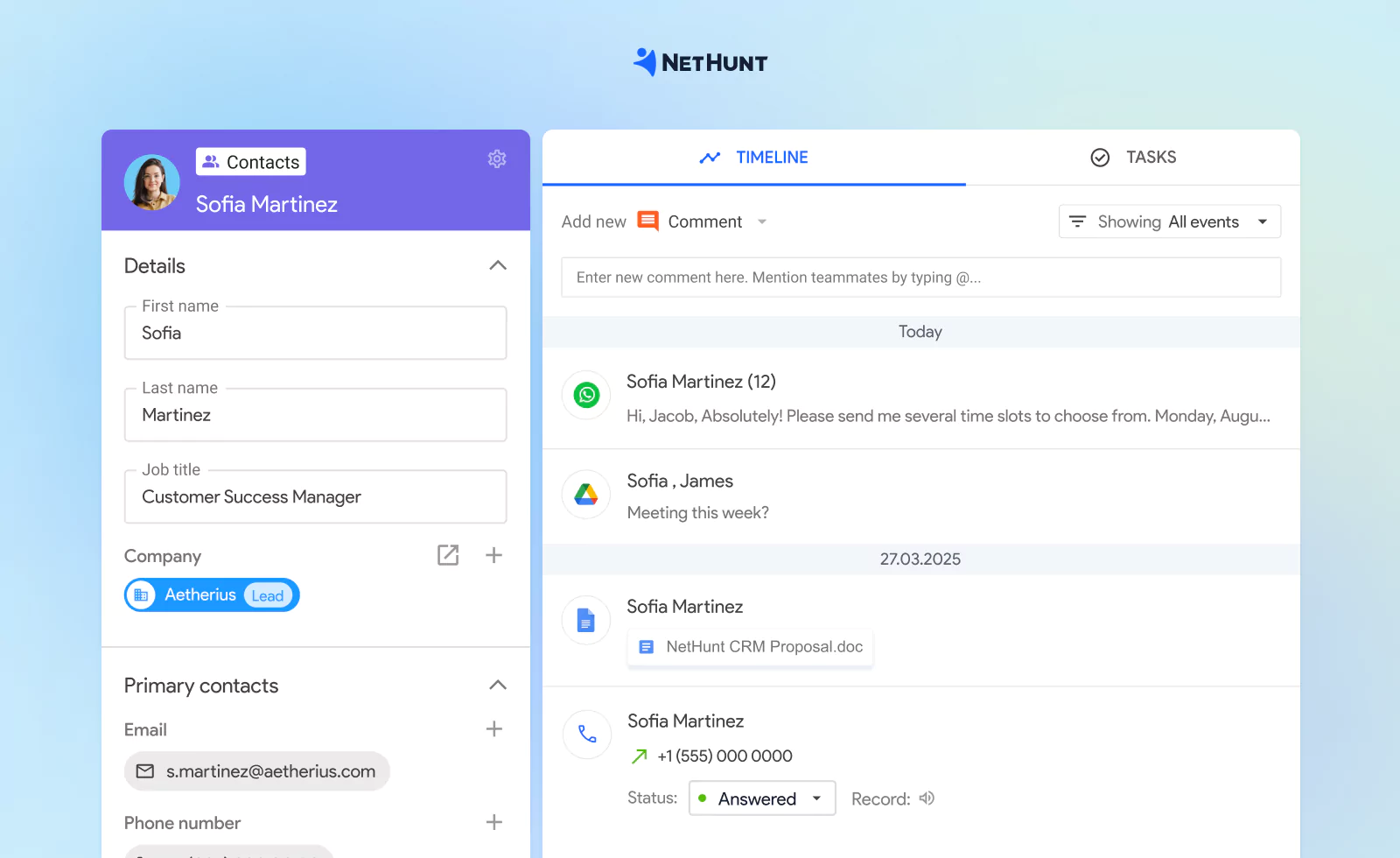 Customer record in NetHunt CRM